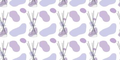 Home fragrances Seamless pattern, Glass bottles with aroma Bamboo sticks, Loop background with perfumes for home, flat linear design Diffusers isolated on white. Aromatherapy concept illustration vector
