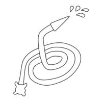 Watering hose with water drops, garden design element, doodle style outline for coloring book. Graphic Art of Gardening equipment isolated on White background. Firefighting Hose in linear style vector
