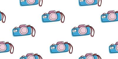Retro Photo Camera Seamless pattern. Outline Illustration With color Blotches Isolated on White background. Linear Template, Background for Textile, Fabric, Wallpaper, Wrapping Paper. vector