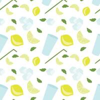 Hand drawn lemonade drink seamless pattern illustration. Retro lemon fruit background with glass, Drinking Straw, Ice cubes and Lemon Slices. Vintage fresh summer beverage wallpaper print. vector