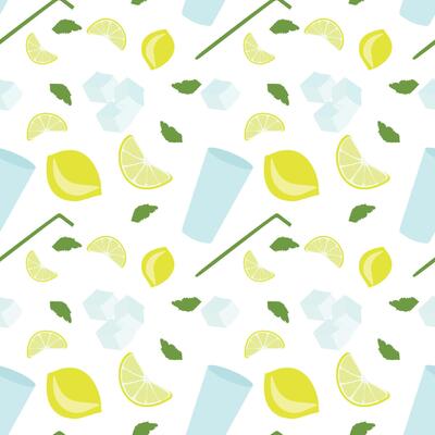 Hand drawn lemonade drink seamless pattern illustration. Retro lemon fruit background with glass, Drinking Straw, Ice cubes and Lemon Slices. Vintage fresh summer beverage wallpaper print.