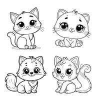 Set of cute cat Coloring Page silhouette in different poses isolated on white background. vector