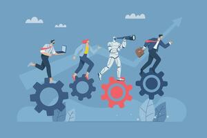 Working together with artificial intelligence, Discovering new opportunities with the support of AI, Driving the concept of efficient work processes, Business teams and robots drive gears together. vector