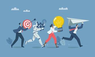 Teamwork, visioning and setting business goals, Launching a new project, Working with artificial intelligence, AI, Business team and robots running holding paper airplanes, light bulbs, gears, goals. vector