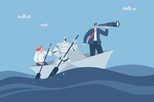 Discovering new opportunities and business investments with the support of AI, Working with artificial intelligence, Business team and robots are rowing paper boats with binoculars looking forward. vector