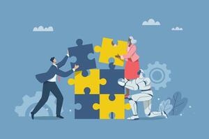 Support of AI, Working with artificial intelligence, Problem solving, organizing, planning, Effective solution, Business team and robots are putting together a jigsaw puzzle. illustration. vector