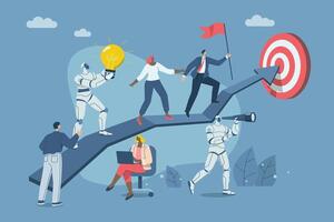 Working with artificial intelligence, Support of AI, Leadership to grow company, Motivation, Business team with robot walking on arrow graph towards business growth goal. design illustration. vector
