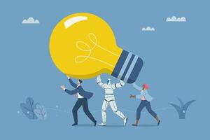 Teamwork creating big ideas, Developing effective ideas, Working with artificial intelligence, New innovation, AI, Business team and robots are holding a big light bulb. design illustration. vector