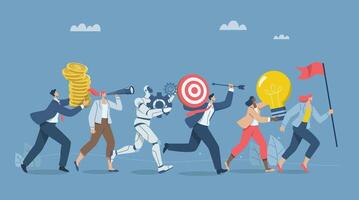 Elements of corporate teamwork and business goal orientation, Working with artificial intelligence, AI, Business team and robots running holding flags of goals, light bulbs, gears, money. vector