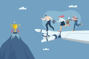 Setting goals to develop the company's growth with the support of AI, Working with artificial intelligence, New innovation concept, Businessman running on robot hands guiding towards set goals. vector