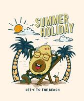 A cheerful cartoon avocado character, sporting a pair of sunglasses and a playful bandage on its head, is enjoying a relaxing summer vacation on a tropical beach vector