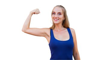 A young woman with her bicep raised, strength concept, subject on transparent background png