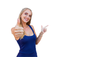A smiling girl shows the thumb up and points to the space on the right, advertising photo with copy space, transparent background png