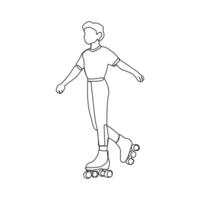 Young boy riding roller skates continuous line drawing. Skating single line style concept. vector