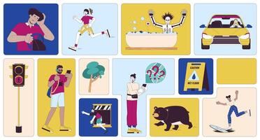 Dangerous everyday situations bento grid illustration set. Dangers accidents 2D image collage design graphics collection. Multicultural adult people unsafe flat characters moodboard layout vector