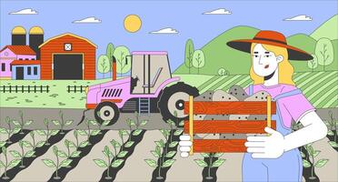 Caucasian woman working at farm cartoon flat illustration. European female farmer in field 2D line character colorful background. Agricultural business development scene storytelling image vector