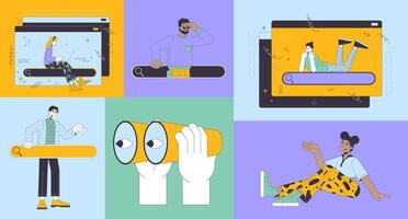 Web search bar users bento grid illustration set. Binoculars holding, surfing websurfing 2D image collage design graphics collection. People with searchbars flat characters moodboard layout vector