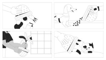Finding new usage of hats black and white line illustration set. Knitted head accessory alternative functions 2D character monochrome background. Creativity outline scene image collection vector