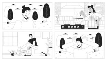 Alternative hat usage and panic attack outdoors black and white line illustration set. Multiracial adults 2D characters monochrome background. Lifestyle outline scene image collection vector
