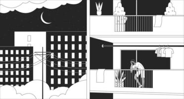 Black man standing on balcony late night black and white lofi wallpaper. Enjoys evening city introvert 2D outline cartoon flat illustration. Being at home alone line lo fi aesthetic background vector