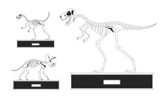 Fossil dinosaurs exhibition black and white 2D line cartoon objects set. Dino bones skeletons isolated outline items collection. Museum exhibits monochromatic flat spot illustrations vector