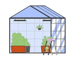 Plants growing in greenhouse cartoon flat illustration. Agricultural technology of planting 2D objects isolated on white background. Herbs and vegetables in hothouse scene color image vector