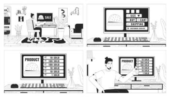 Selling hats in online store black and white line illustration set. Caucasian men ordering clothes on internet 2D characters monochrome background. E commerce outline scene image collection vector