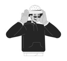 Happy latino man with warm hat black and white 2D line cartoon character. Hispanic guy putting on warn cap isolated outline person. Casual fashion apparel monochromatic flat spot illustration vector