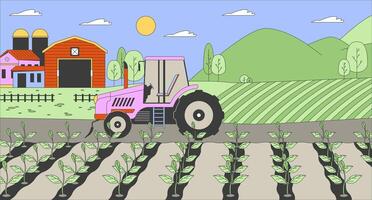 Tractor in farm field cartoon flat illustration. Agricultural machine working on plantation 2D line landscape colorful background. Plant cultivation business scene storytelling image vector