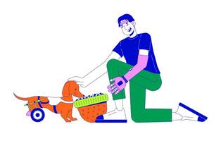 Korean man with arm prosthesis feeding disabled dog from hat 2D linear cartoon character. Pet owner with disabilities isolated line person white background. Life color flat spot illustration vector