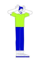 Stressed european man squeezing head 2D linear cartoon character. Caucasian male with panic attack isolated line person white background. Fear expression color flat spot illustration vector
