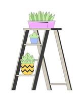 Ladder shelving unit with houseplants 2D cartoon object. Decorative rack. Stand with potted plants isolated flat element white background. Home interior design color spot illustration vector