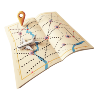 An icon depicting a whimsical airplane route map with dotted lines and destination markers, isolated on a transparent background png