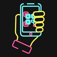 Icon holding qr code scanner. Barcode and qr code elements. Icons in neon style. Good for prints, posters, logo, advertisement,infographics, etc. vector