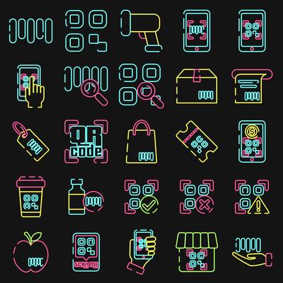 Icon set of barcode. Barcode and qr code elements. Icons in neon style. Good for prints, posters, logo, advertisement,infographics, etc.