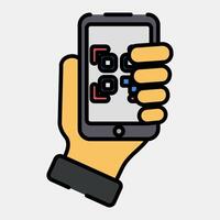 Icon holding qr code scanner. Barcode and qr code elements. Icons in filled line style. Good for prints, posters, logo, advertisement,infographics, etc. vector