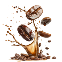 A dramatic coffee splash with coffee beans suspended in mid-air, isolated on a transparent background png