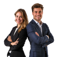 A cheerful business man and woman in a formal suit, arms crossed and smiling, isolated on a transparent background png