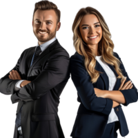 A cheerful business man and woman in a formal suit, arms crossed and smiling, isolated on a transparent background png
