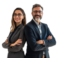 A cheerful business man and woman in a formal suit, arms crossed and smiling, isolated on a transparent background png