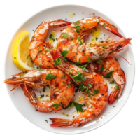 A close-up of roasted shrimps with lemon and spices in a whaite plate, isolated on a transparent background png