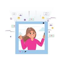 Girl holding a smartphone and making a peace sign, set inside a blue-bordered social media frame. Floating icons and speech bubbles displaying various social media elements vector