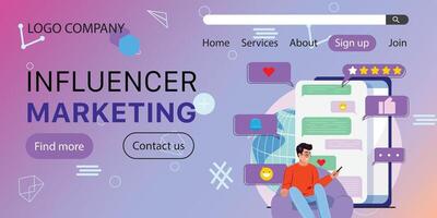 Digital marketing concept. Landing page template with a man sitting and using a cellphone, behind him a large cellphone with online chat, globe and speech bubbles vector