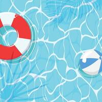 Illustration with refreshing pool scene from an aerial perspective, featuring a life buoy and a beach ball floating on the water vector