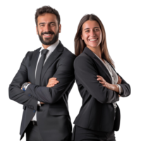 A cheerful business man and woman in a formal suit, arms crossed and smiling, isolated on a transparent background png