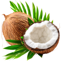 A perfectly ripe coconut with lush green leaves, isolated on a transparent background png