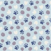 Pet paw print seamless pattern with circles and hearts. Hand drawn textured cat, dog repeat background. Animal print for fabric, paper design. vector