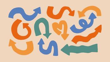 Set of fun playful quirky arrows pointing in different directions. Colorful retro style pointers for planners, infographics, etc. vector