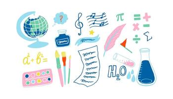 Cute school subjects, equipment, formulas and other education related elements set. Flat design. Globe, ink, paper, science, formulas, music, art, maths, etc. vector
