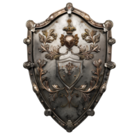 A historical metal shield with a coat of arms, isolated on a transparent background png
